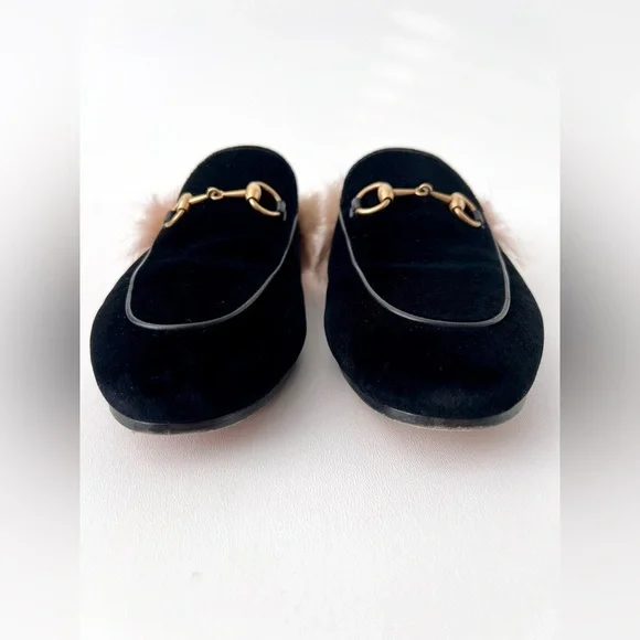 GUCCI || Princetown Fur Black Velvet Horsebit Mules Flats Slides Slippers US 7 - Picture 3 of 9